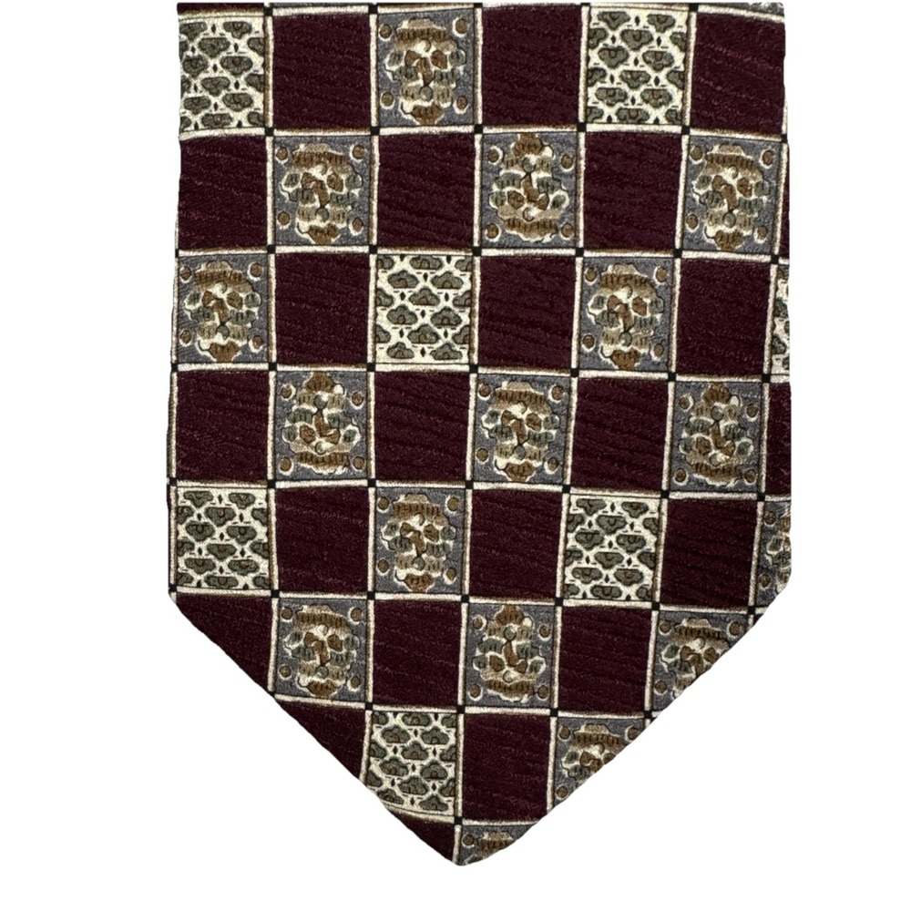 Brooks Brothers All Silk Tie Burgundy Red Gold Geometric Block Made in USA Prep